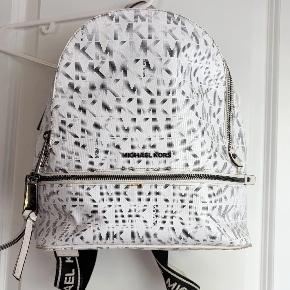 Michael Kors White MK Logo Mini Backpack with Silver Hardware
